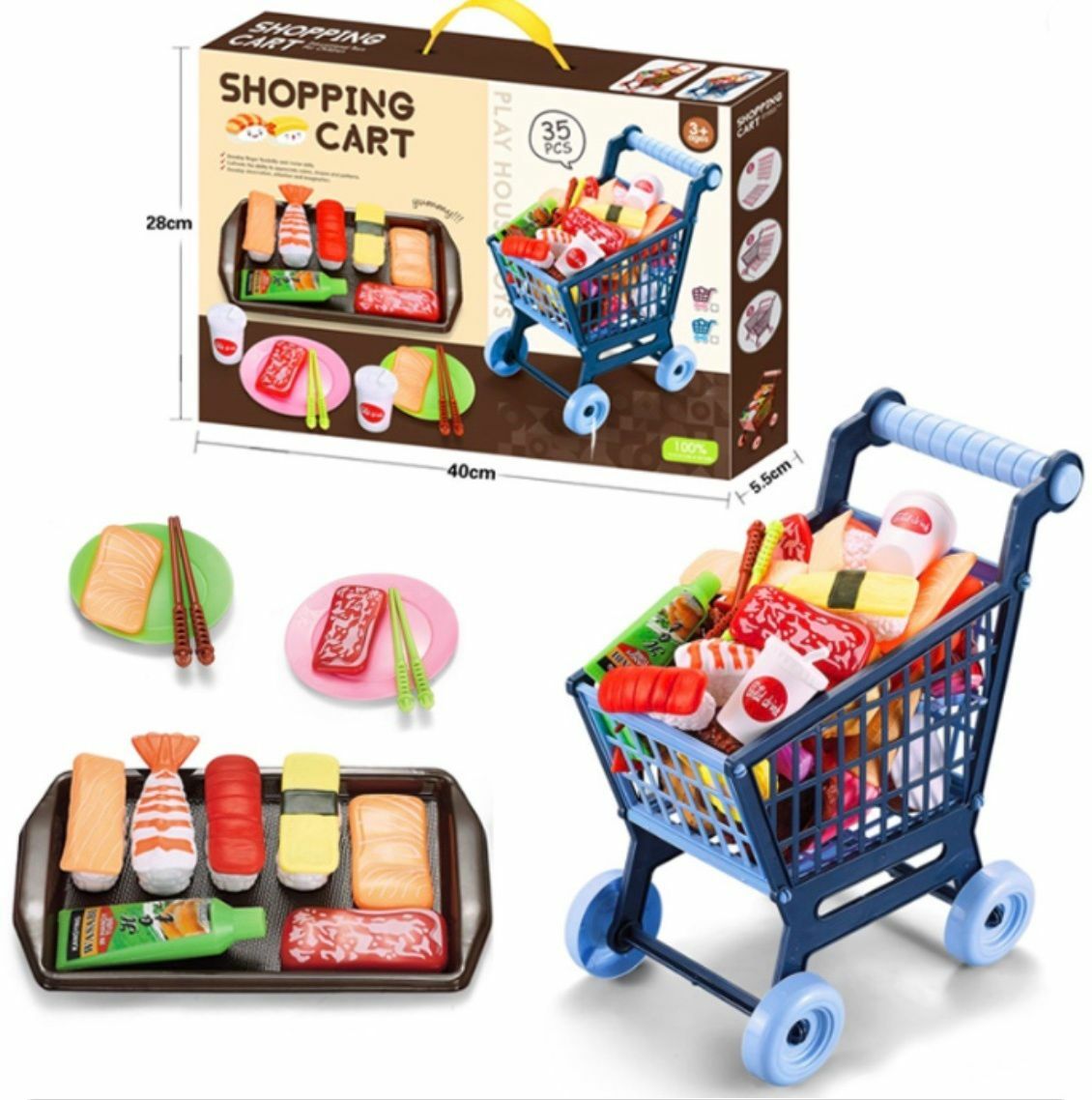 New children's simulation cooking boy playing house shopping cart toy set (35 pieces - sushi) Note: red cart and blue cart are shipped randomly