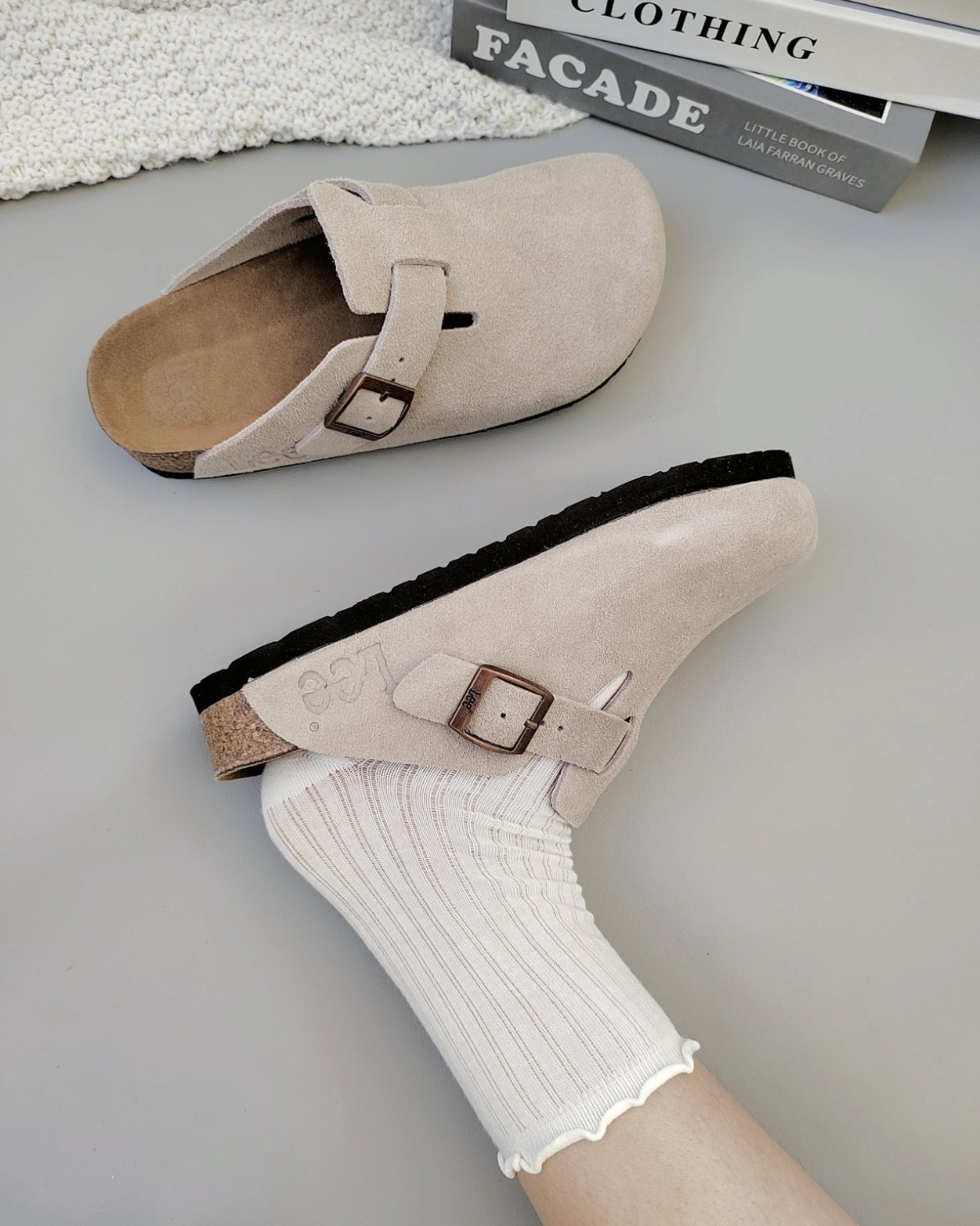 Lee 百搭 軟木軟底 麂皮 勃肯鞋 拖鞋 灰色