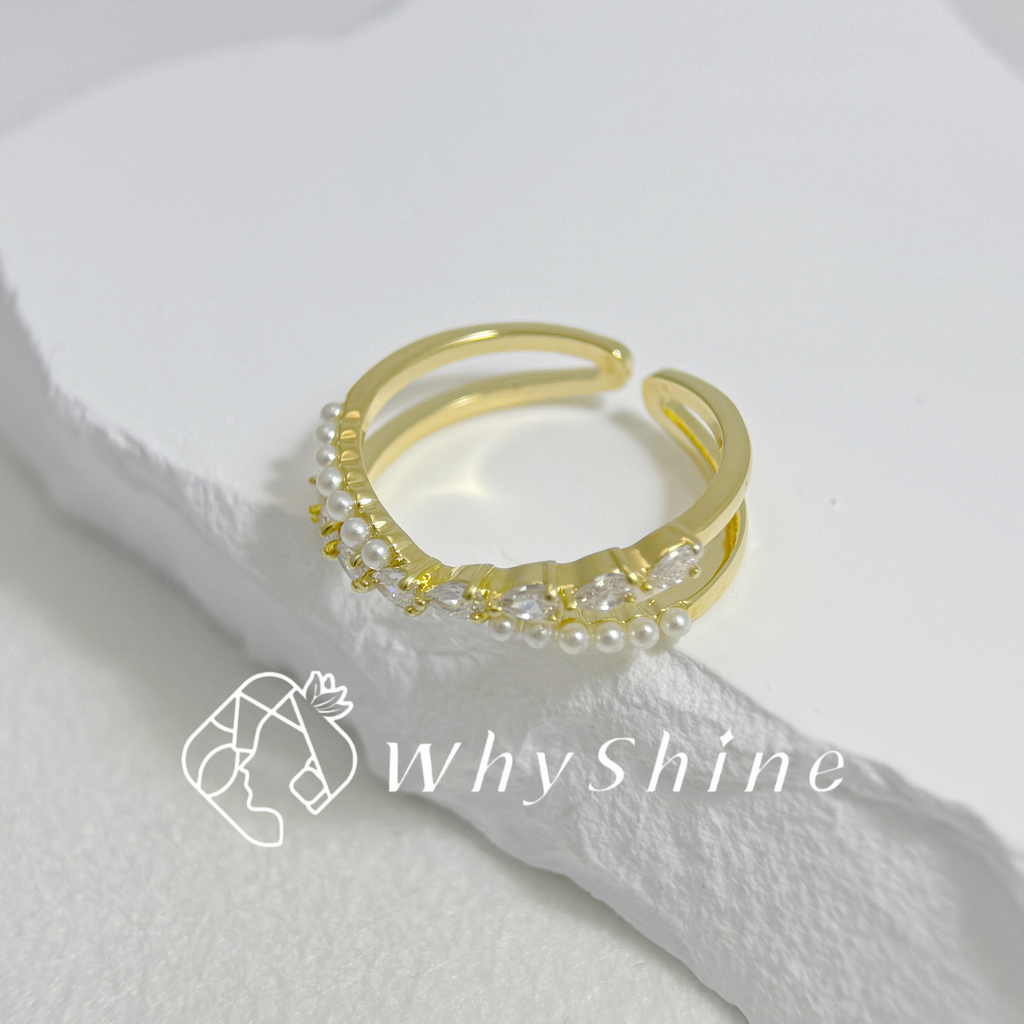 質感珍珠交叉鑲鑽戒指