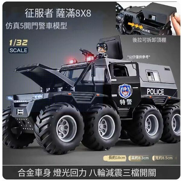 熱推大號裝甲警車玩具【大號合金 - 征服者八輪警車 （特警款）】