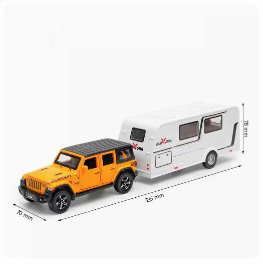 New metal simulation alloy car model off-road vehicle car model ornaments [Jeep Wrangler Yellow + Trailer RV]