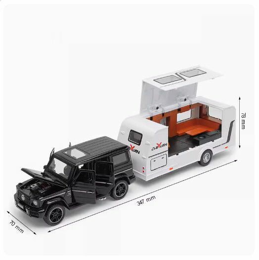 New metal simulation alloy car model off-road vehicle car model ornaments [Mercedes-Benz Big G Black + Trailer RV]
