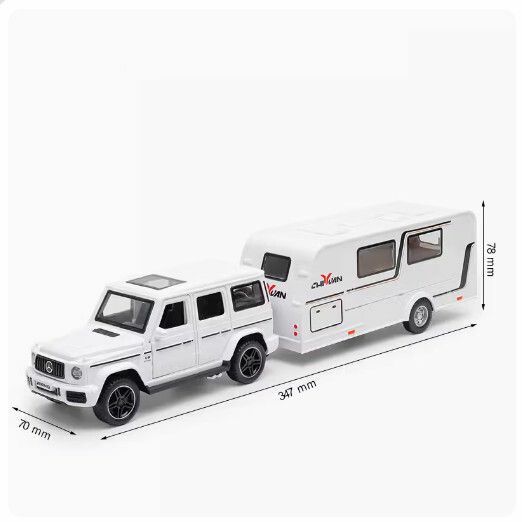 New metal simulation alloy car model off-road vehicle car model ornaments [Mercedes-Benz Big G White + Trailer RV]