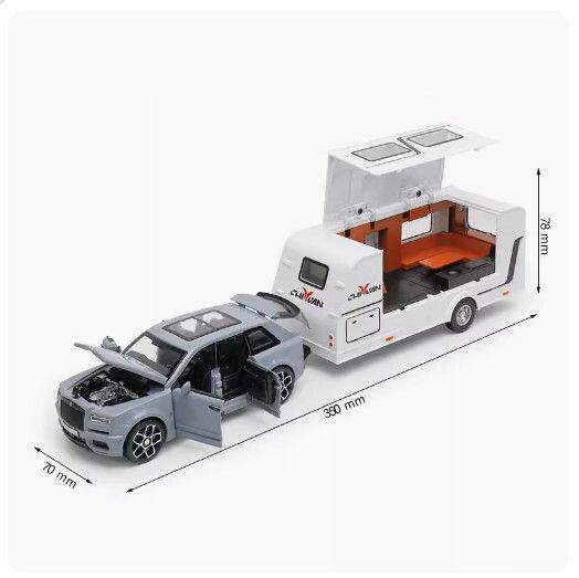 New metal simulation alloy car model off-road vehicle car model ornaments [Rolls-Royce Gray + Trailer RV]