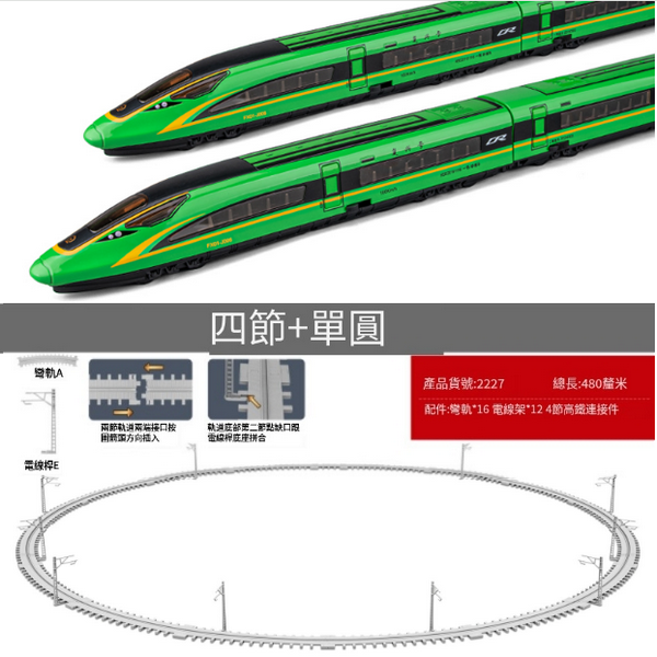 新款組合仿真合金動車火車模型(高鐵四節綠+單圓軌)