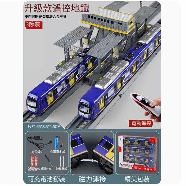 新款合金地鐵玩具火車模型【[遙控聲光十軌道月臺]合金地鐵-藍色三節裝+軌道月臺】