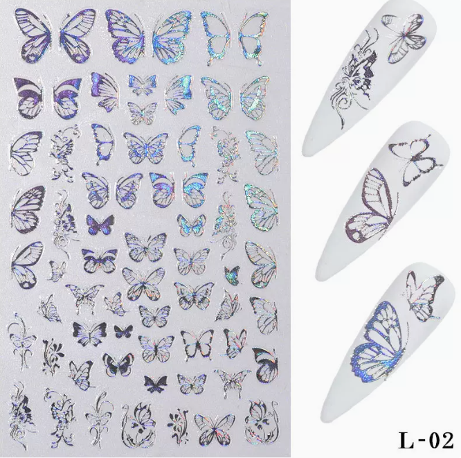 Hot Recommended Nail Art Simulation Thin Butterfly Stickers Laser Silver Butterfly L02
