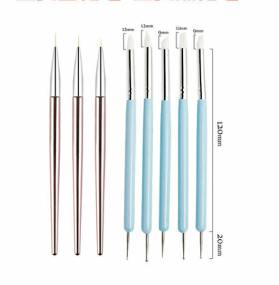 Hot Selling Nail Art Brushes [Rose Gold Drawing Pen*3+Blue Rod Silicone Dot Pen*5]