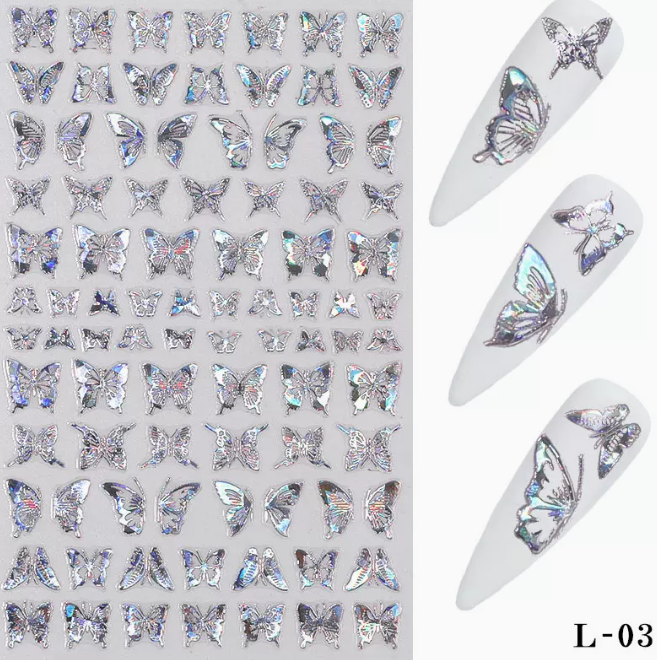 Hot Recommended Nail Art Simulation Thin Butterfly Stickers Laser Silver Butterfly L03