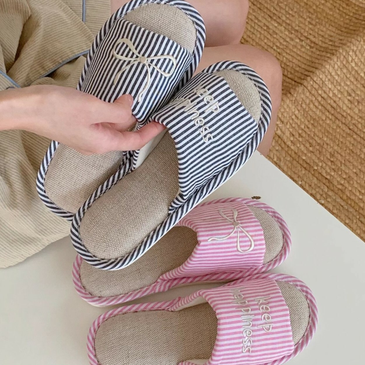 《4760》INS風蝴蝶結棉麻室內拖鞋