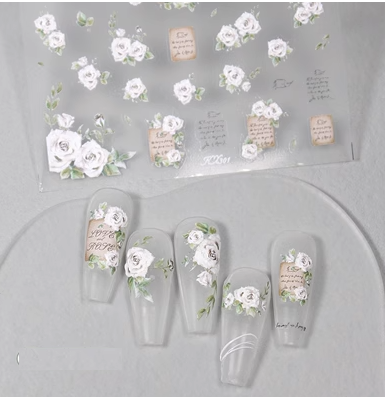 Popular nail art embossed stickers (white retro rose-K136-KX301)