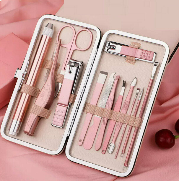 New manicure and pedicure tool set (13-piece set of rose gold luminous ear and ear tweezers)