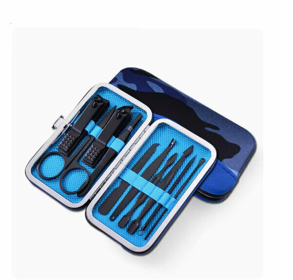 New nail clipper, pedicure and nose hair clipper complete set (camouflage blue 10-piece set)