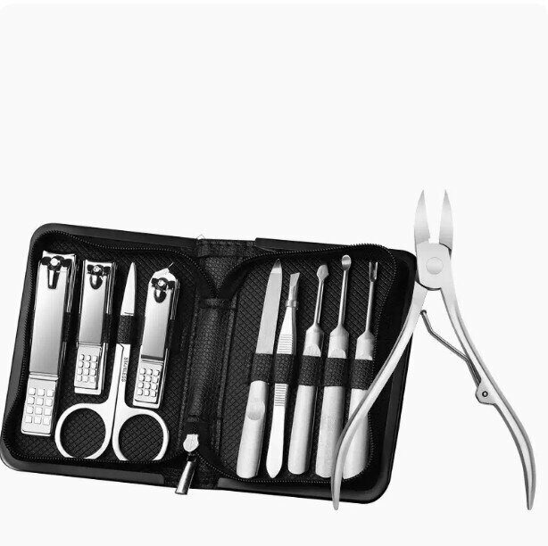 New nail scissors and pedicure tool set (silver 9-piece set + silver hawkbill pliers)