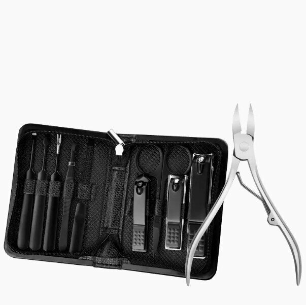 New nail clipper and pedicure tool set (cool black 9-piece set + silver hawkbill pliers)