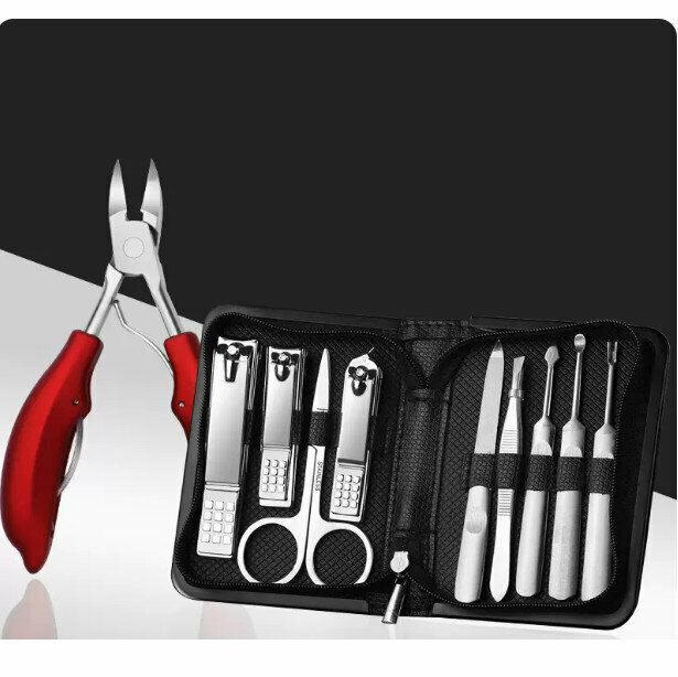 New nail clipper and pedicure tool set (silver 9-piece set + red eagle-beak pliers with dolphin handle)