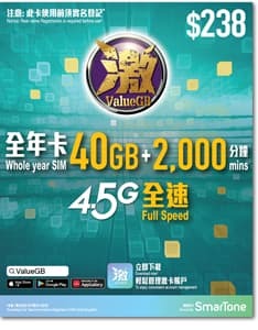 香港數碼通 Smartone 激ValueGB 高速本地 (40GB/年卡) 上網儲值卡 $238