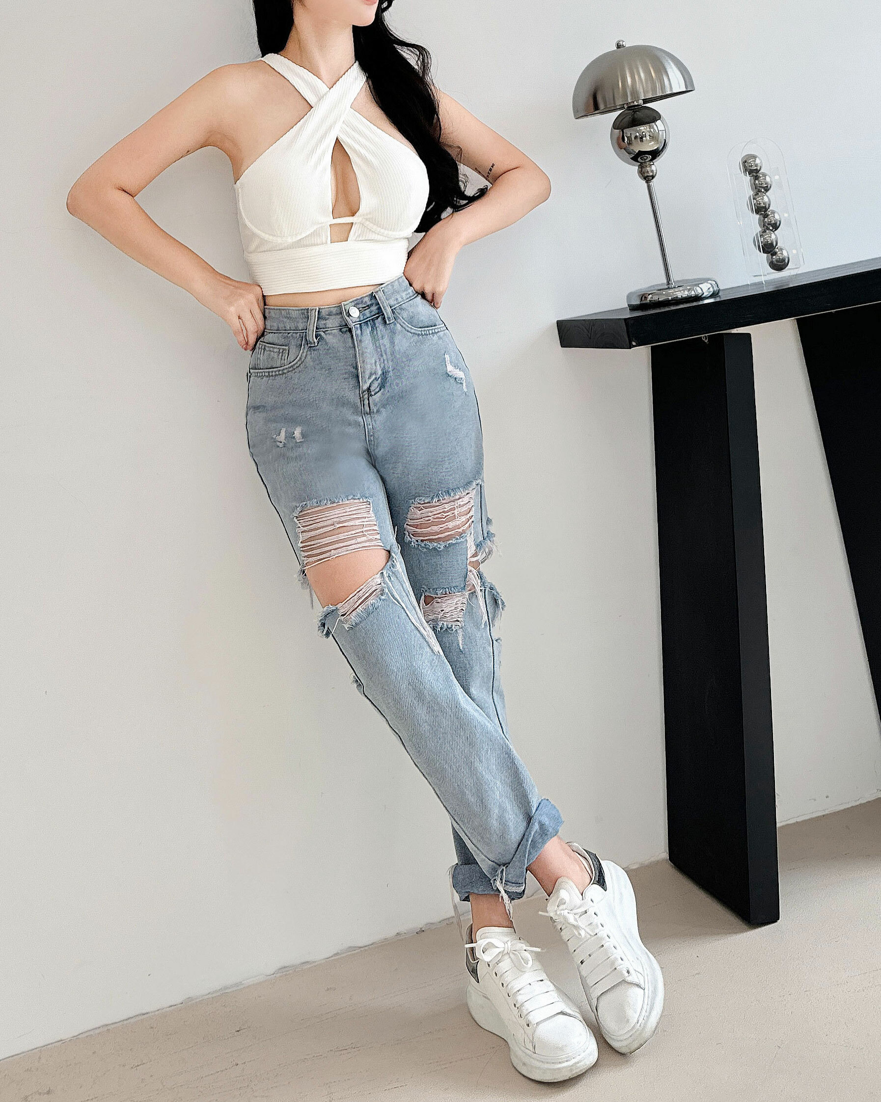 率性側割破男友風牛仔褲