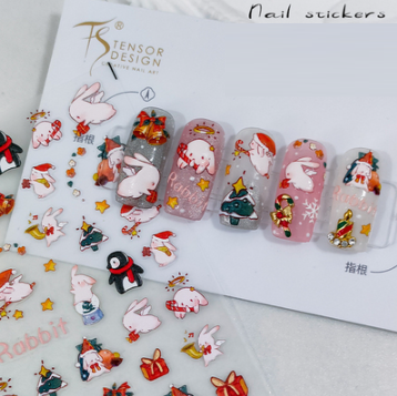 Popular nail art embossed stickers (Red Santa Hat Rabbit-1953)
