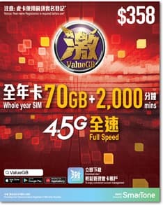 香港數碼通 Smartone 激ValueGB 高速本地 (70GB/年卡) 上網儲值卡 $358