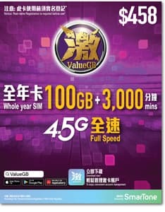 香港數碼通 Smartone 激ValueGB 高速本地 (100GB/年卡) 上網儲值卡 $458