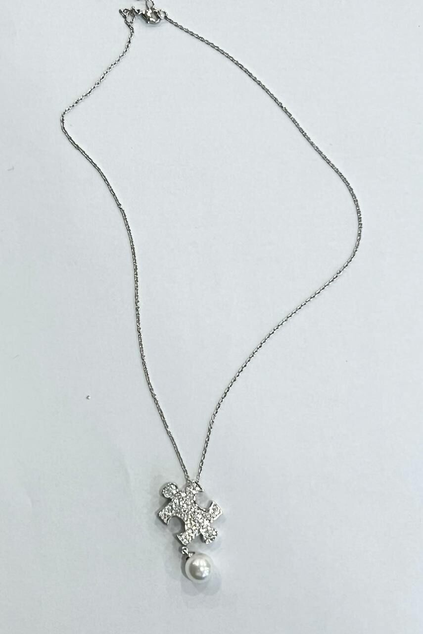 [S] GEMZ & CO NCJS A025B SPAIN PEARL NECKLACE WITH SILVER CRYSTAL PUZZLE CHARM, Z26 (Z26)