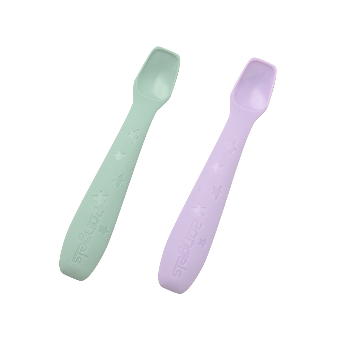 【2angels】Silicone feeding spoon x1 set (2 pieces) - (summer leaf green & purple colors with storage box)