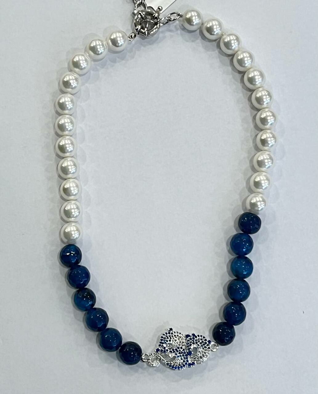 [S] GEMZ & CO NCJS MA0088 SPAIN PEARL NECKLACE WITH BLUE CRYSTALS AND SILVER CHARM D1, Z33 (Z33)