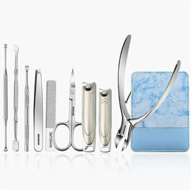 New nail clippers and trimming tool set (blue marble 9-piece set)