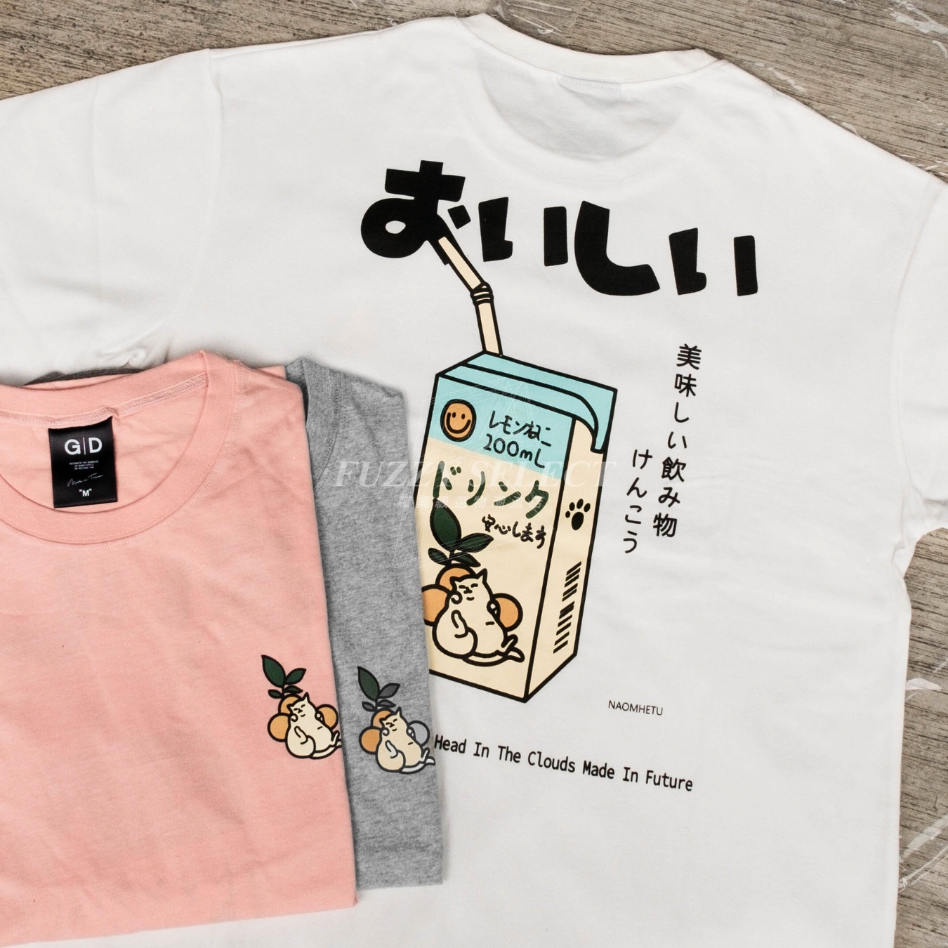 【逢甲 FUZZY】肥貓 Tee 潮流 日常 日式 圖案 Logo 貓咪 飲料 短T 短Tee 白 麻灰 珊瑚粉