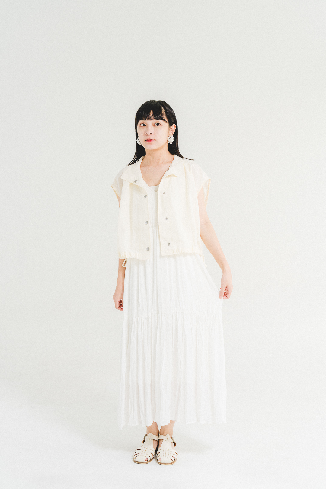 (限量)nylon夾克背心+雪紡連衣裙SET(兩色-象牙白/白)