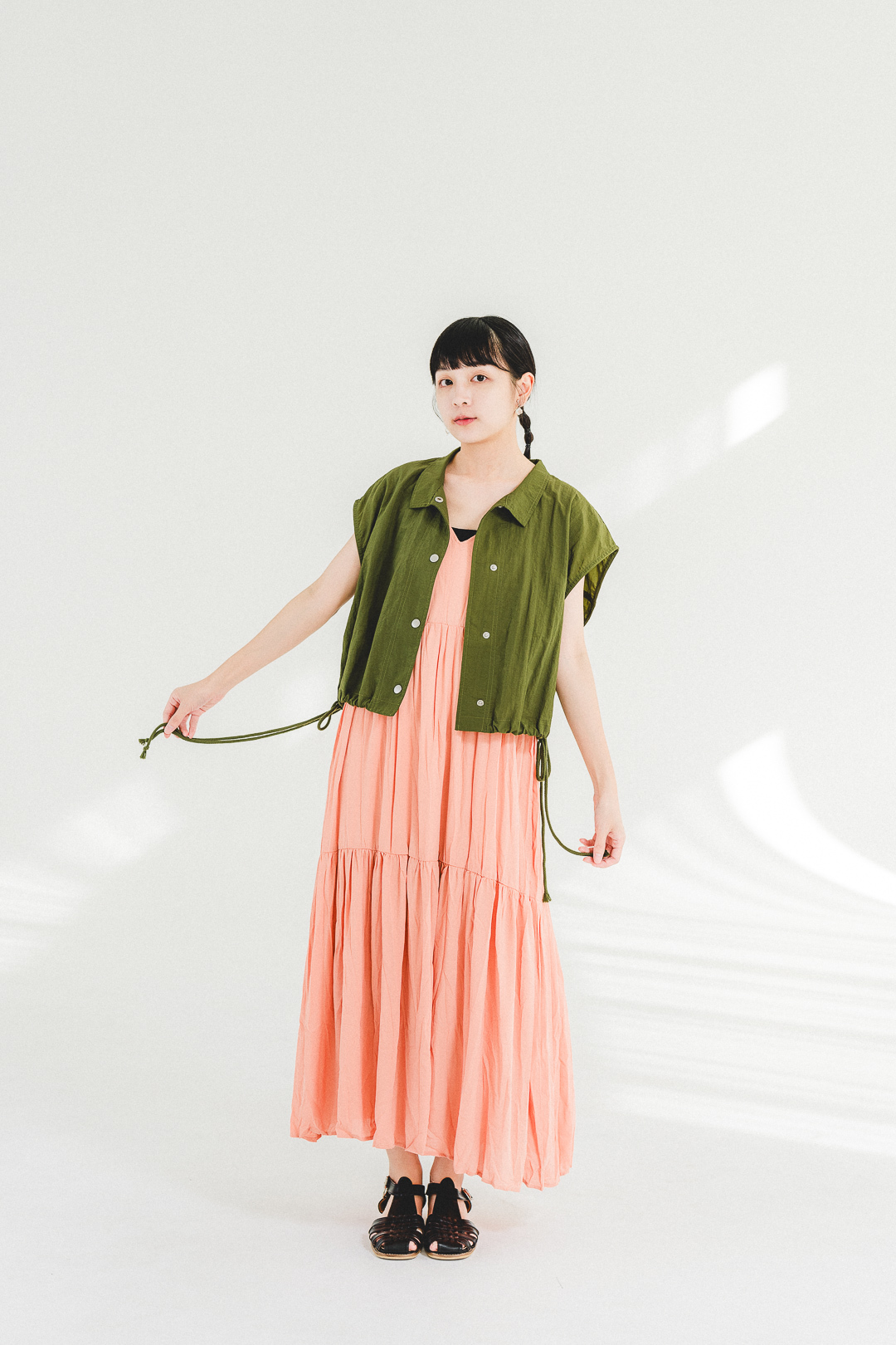 nylon夾克背心+雪紡連衣裙SET(兩色-黃茶/珊瑚朱)