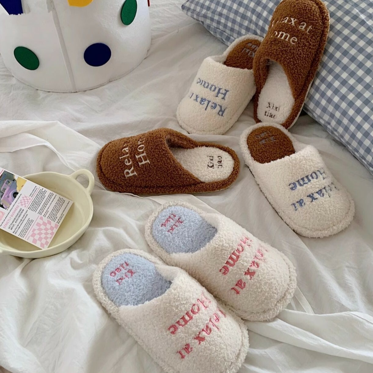 《4775》日系簡約字母撞色保暖棉拖