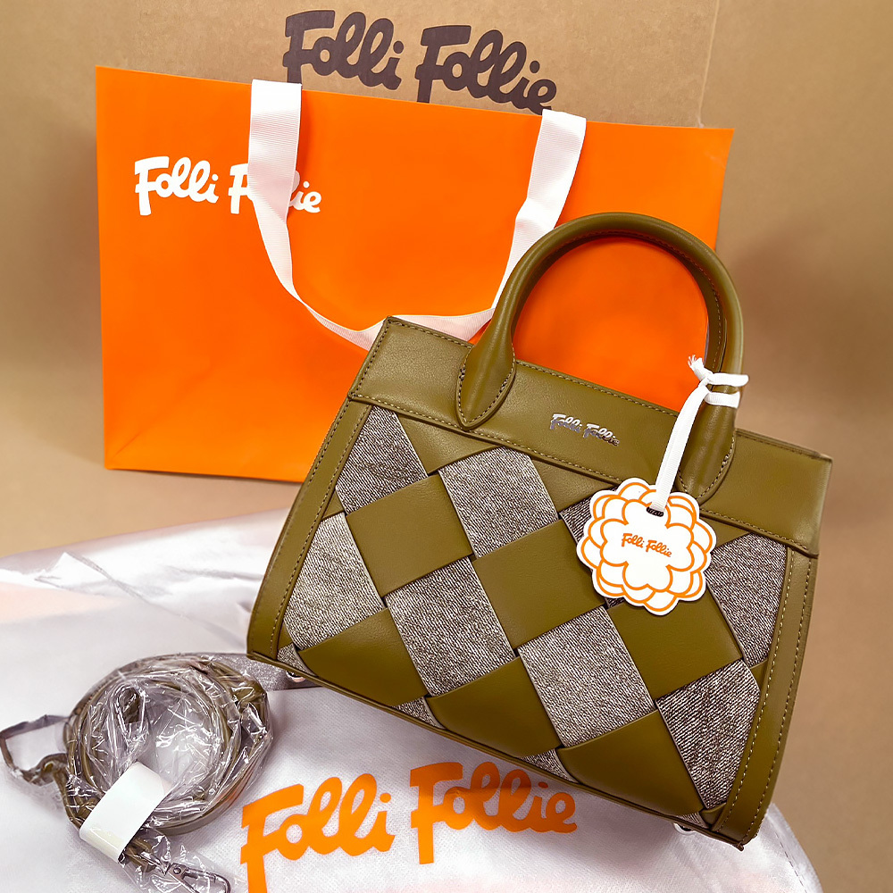 (預購)【Folli Follie 芙麗芙麗】SB23FLP002GR 綠拚灰棋盤格紋 歐風 2way 兩用 手提包 肩背包 拉鍊包 暗格 防塵袋 提袋