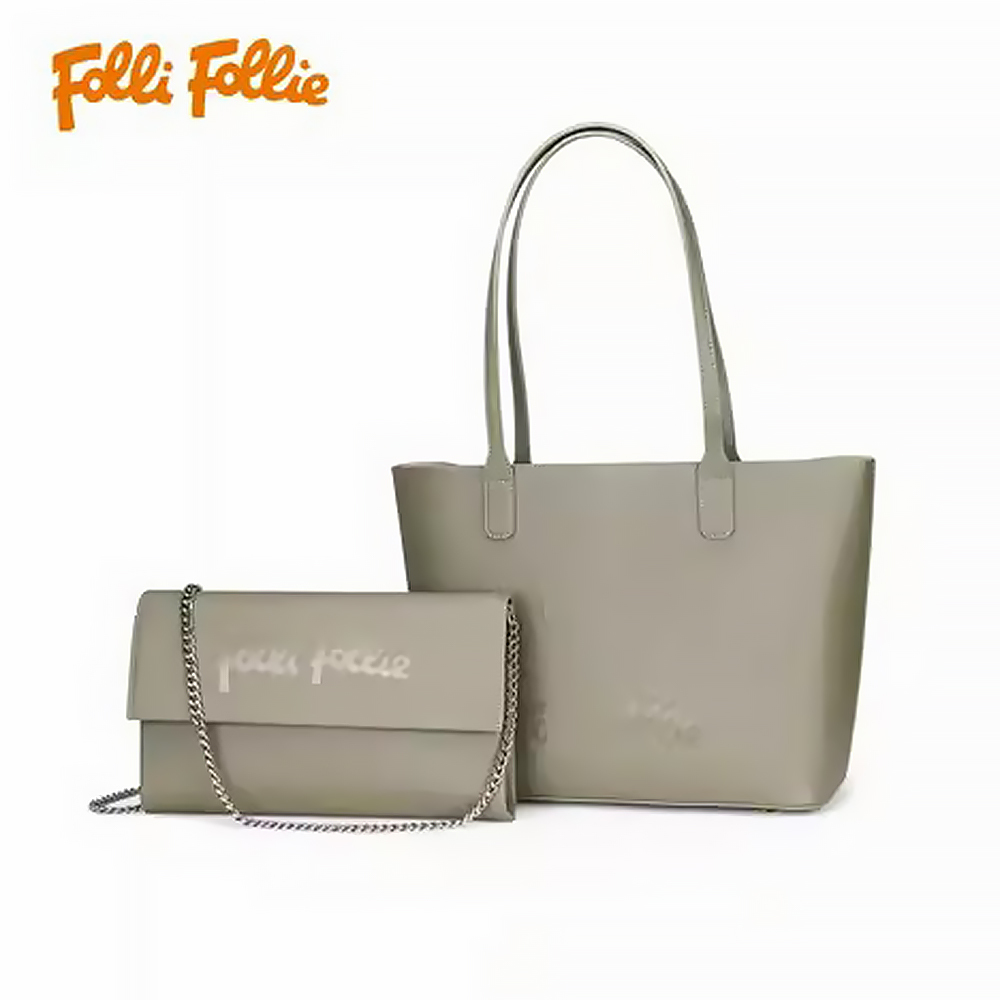 【Folli Follie 芙麗芙麗】SB23FLP005GR 灰綠 簡約 日系 休閒 商務 子母包 單肩包 提包 肩背包 拉鍊包 隔層