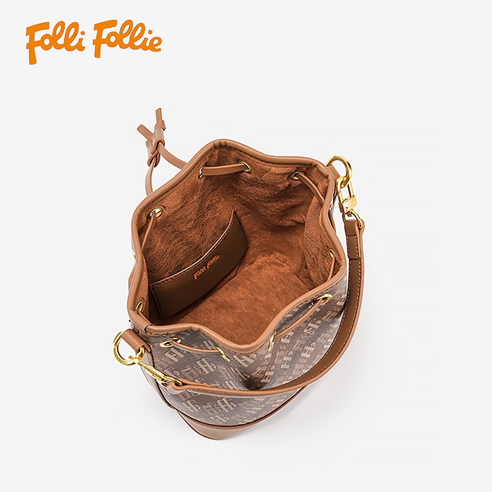 【Folli Follie 芙麗芙麗】SB23PYP013GR 咖啡色 歐風優雅 時尚潮流 氣質 牛皮 PVC 老花 手提 肩背 水桶包