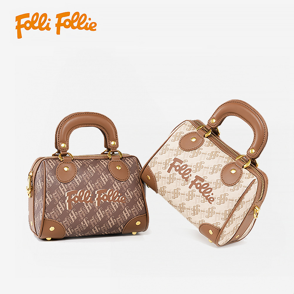 【Folli Follie 芙麗芙麗】SB23PYP014GR 咖啡色 歐風 優雅 氣質 牛皮 PVC 老花 手提包 肩背包 枕頭包