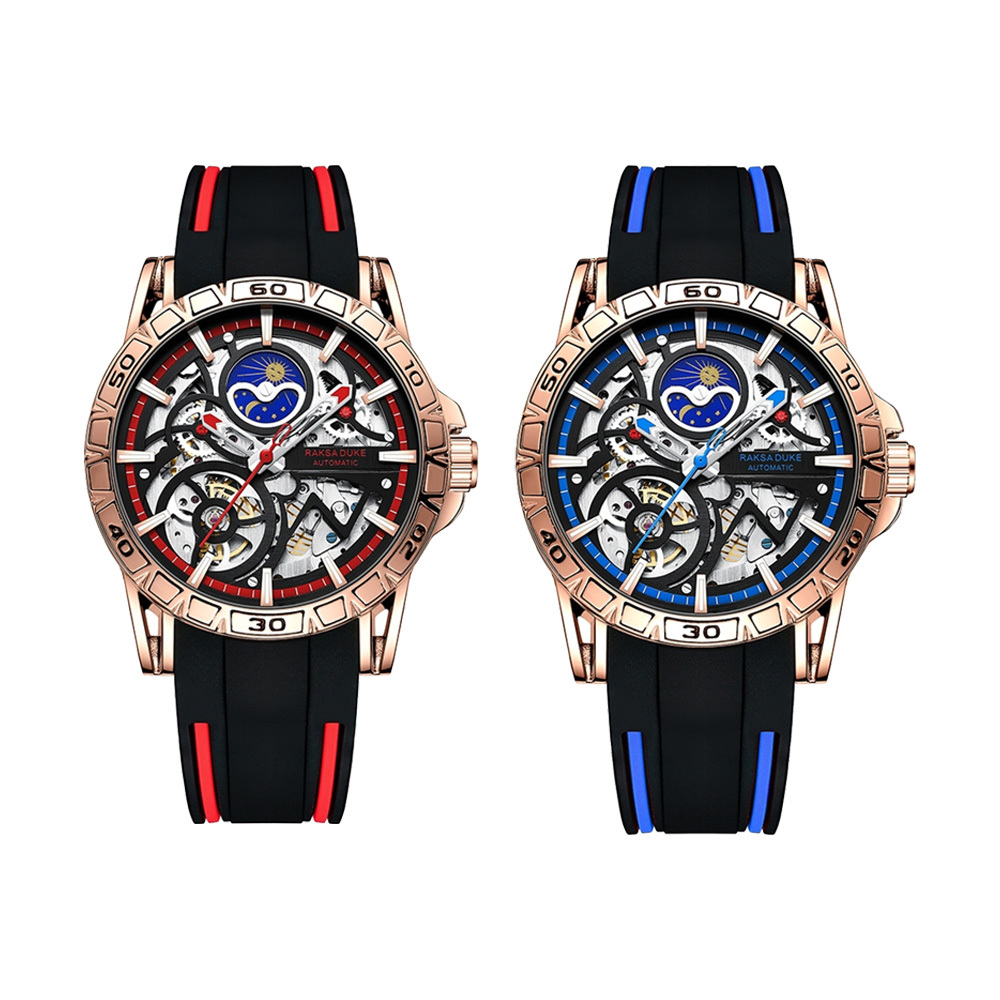 【RAKSA DUKE羅薩公爵】RSD-005 運動風 鏤空 日月星辰 夜光指針刻度 矽膠錶帶 機械腕錶