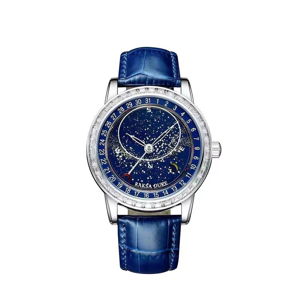 【RAKSA DUKE羅薩公爵】RSD-007-2 自轉夜光錶盤 帶月相 晶鑽錶圈 紅色月亮為日期 頭層小牛皮錶帶 自動上鍊 機械 腕錶