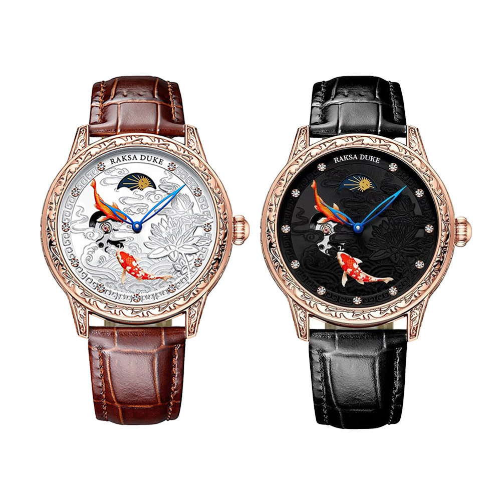 【RAKSA DUKE羅薩公爵】RSD-011 雙魚 立體浮雕錶盤 日月星辰 晶鑽時標 頭層小牛皮錶帶 機械錶