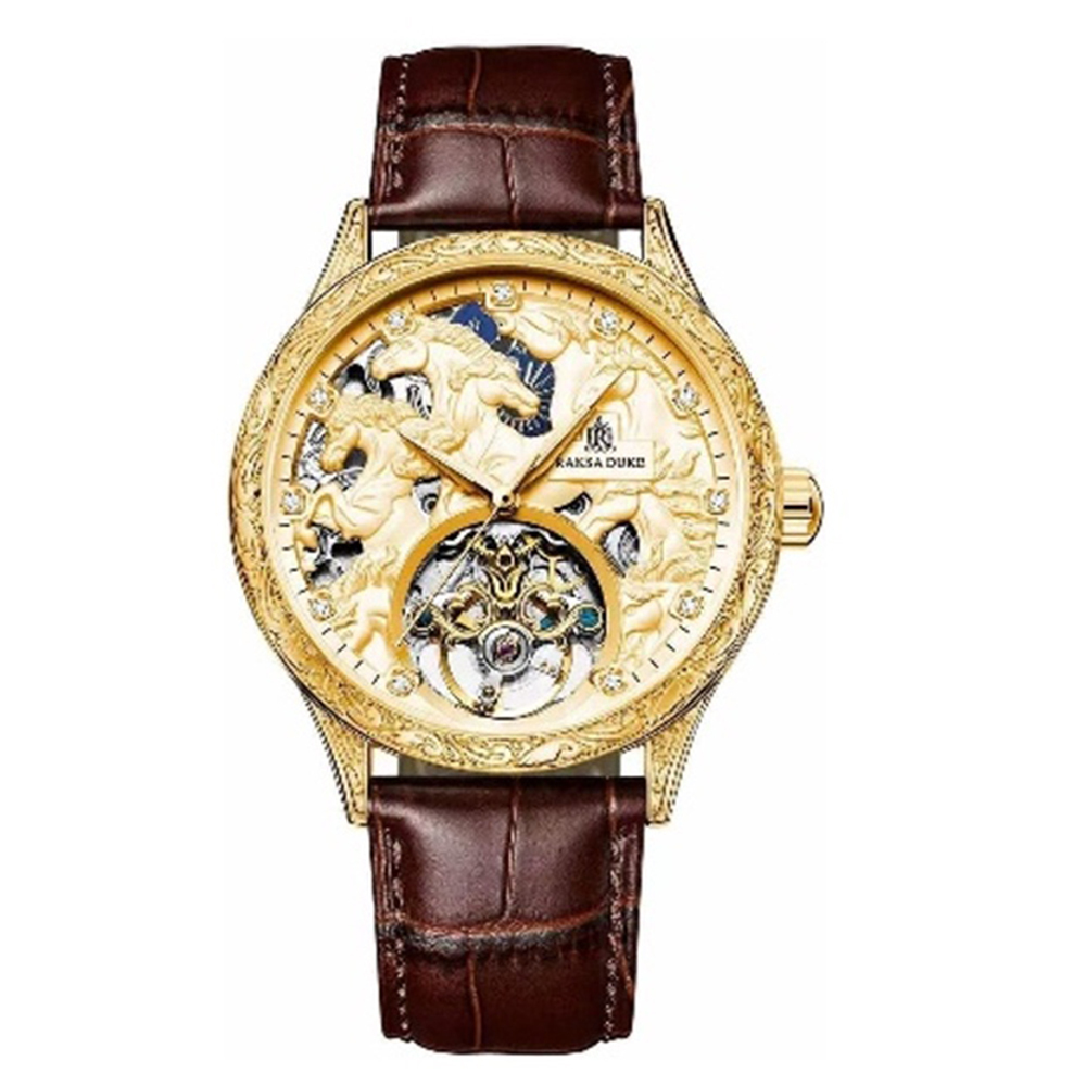 (預購)【RAKSA DUKE羅薩公爵】RSD-019-2 立體浮雕錶盤錶殼 夜光指針 晶鑽時標 日月星辰 防水30米 真皮錶帶 機械錶