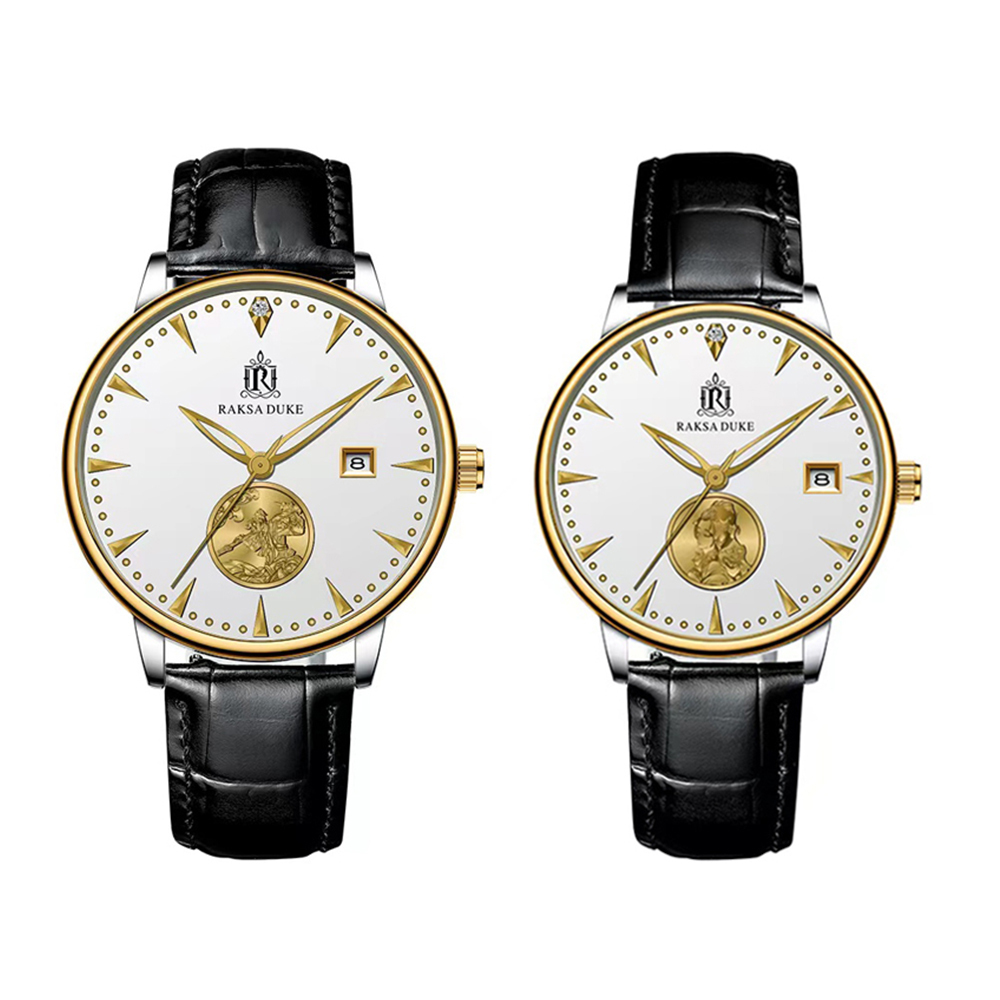 【RAKSA DUKE羅薩公爵】RSD-022 男女對錶 12點鐘單顆真鑽 表面K金 日期顯示 小牛皮錶帶 防水30米