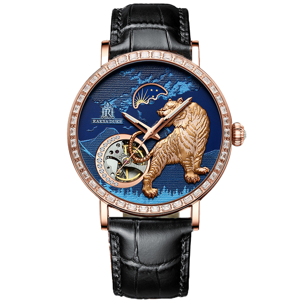 【RAKSA DUKE 羅薩公爵】RSD-023 老虎立體浮雕 鑲鑽錶圈 日月星辰 防水30米 機械錶 三款