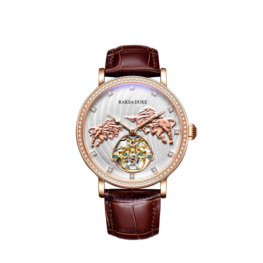 【RAKSA DUKE 羅薩公爵】RSD-024 公牛浮雕錶盤 晶鑽時標 防水30米 防水30米 真皮錶帶 機械錶 兩款
