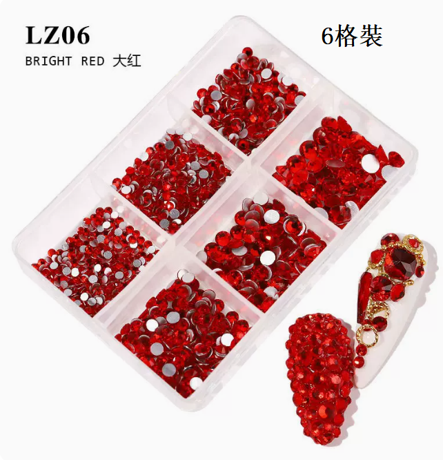 爆款美甲飾品 平底混彩貼鉆ZL06大紅鉆（6格裝）