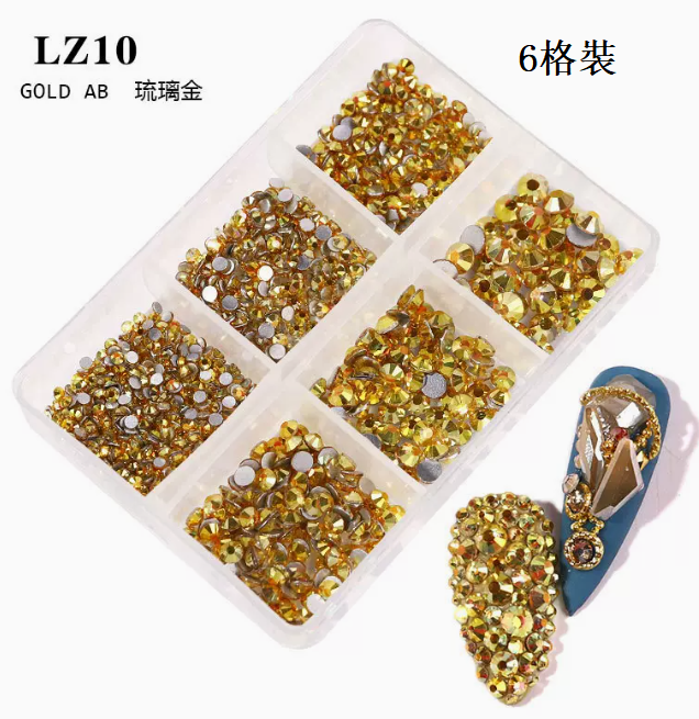 Popular nail art accessories flat bottom mixed color diamond ZL10 glazed gold diamond (6 grids)