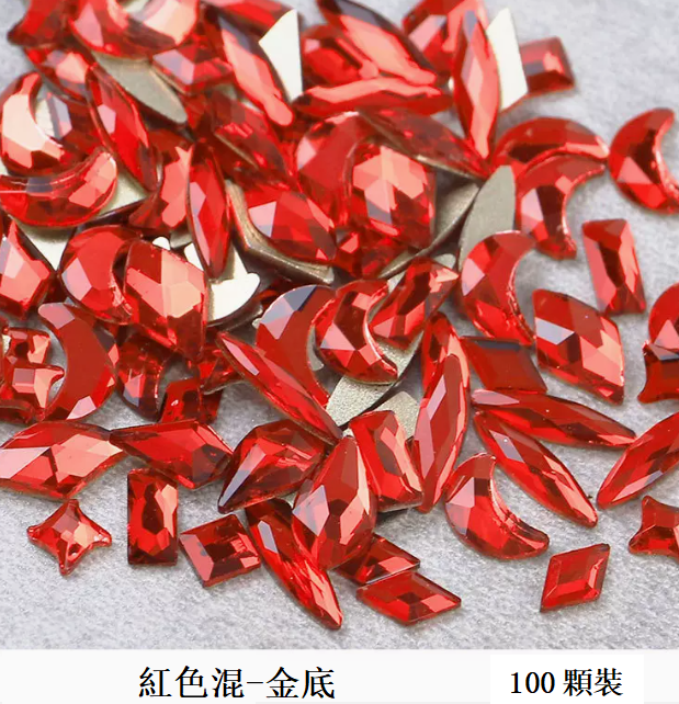 Popular nail art accessories red-gold base special-shaped diamonds (100 pieces mixed)