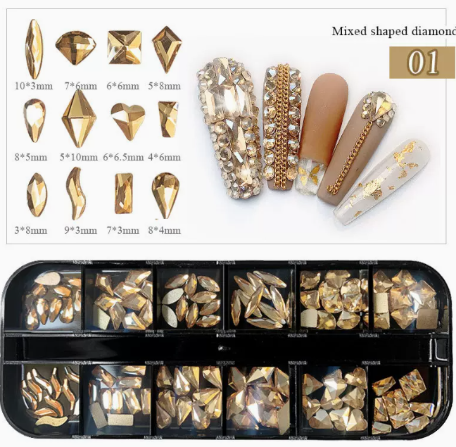 Hot-selling nail art accessories Flat-bottom special-shaped diamond 01 (12-square long box)