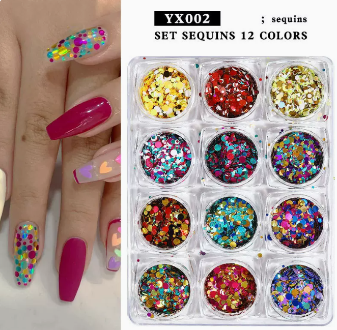 Popular nail art accessories round sequins XY02# (12 grid bottle)