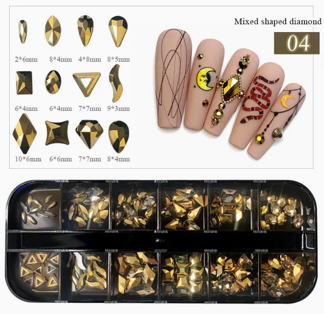 Popular nail art accessories flat bottom special-shaped diamond 04 (12 squares long box)